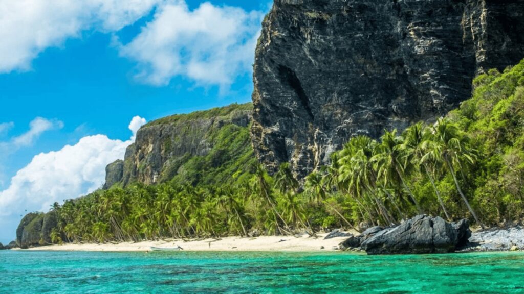 Playa frontón, arena blanca, palmeras, roca, montaña, vegetación, mar turquesa
