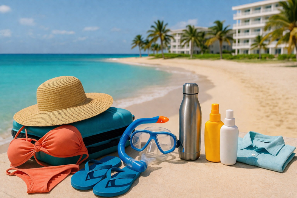 Una playa con sombrero, snorkel, agua, camisa azul